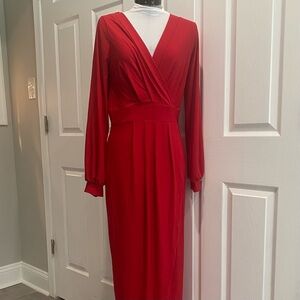 Elegant Red Long Sleeve V-Neck Dress Faux Wrap long dress -Venus 4-6
